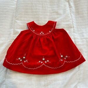 Vintage Red Embroidered velveteen scalloped girls Dress 3-6 months